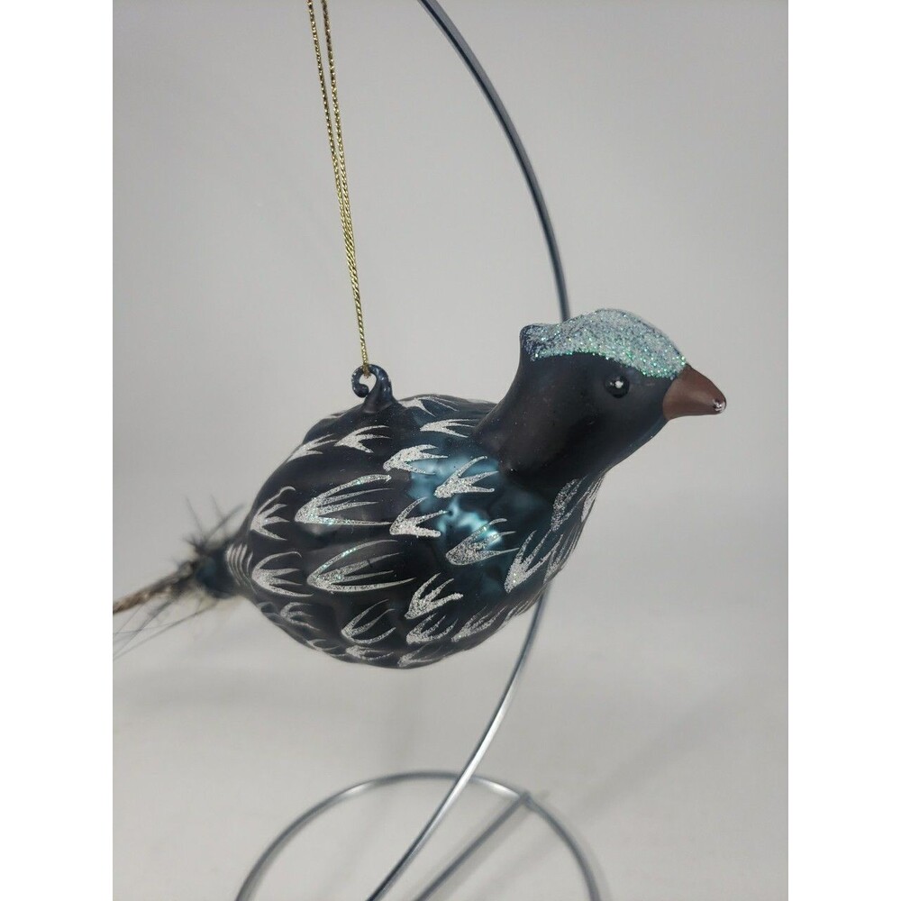 Blown Glass Bird Christmas Tree Ornament Feathers Glitter Dark Green Unique